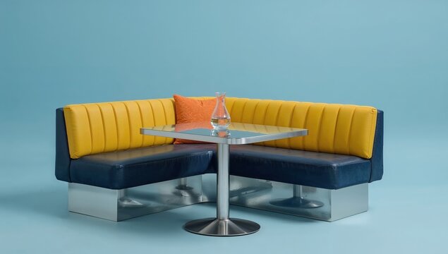 Modern yellow and blue corner booth with metal table and glass carafe in minimalist retro diner setting
