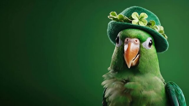 Parrot wearing green hat with shamrock on saint patrick's day. Saint Patrick's Day, St Paddy's Day, St Patty's Day - Irish National Holiday and Cultural Celebration