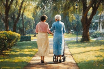 Fototapeta premium two elderly women walking together along a sunlit tree-lined park path with a lamppost and houses in the background, one using a walker while the other supports her — warm tender companionship