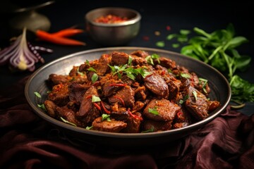 Fototapeta premium Savory beef chunks seasoned with red chilies and fresh parsley in a dark bowl