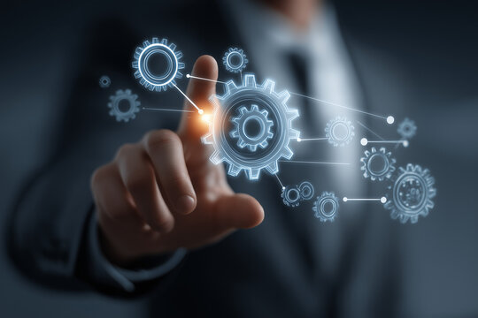 Businessman developing digital automation system and AI workflow optimization, Concept of process management, operational efficiency, business technology, and digital transformation strategy