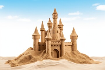 Fototapeta premium Sandcastle standing on beach symbolizing summer vacation and dreams