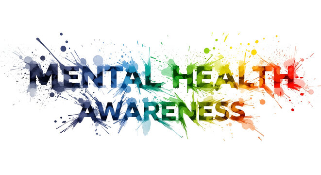 Mental health awareness campaign logo with colorful paint splashes and text transparent background