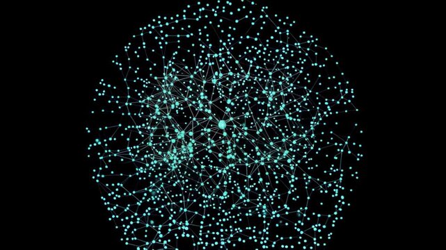 Glowing Blue Neural Network Sphere. A complex web of glowing turquoise nodes and connecting lines forming a spherical data structure or brain network.