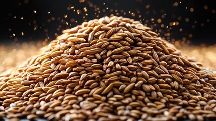 Obraz premium Close-up pile of golden cereal grains with falling kernels and warm glowing bokeh, evoking abundance and wholesome rustic warmth