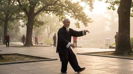 An elderly man practices tai chi in a serene park at sunrise