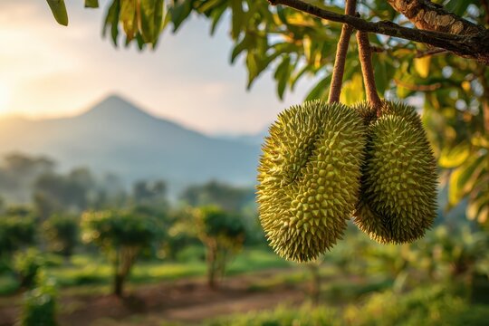 Durians. Close up Durian in orchard. Durian Fresh fruit on tree, Durians. Tropical Asian fruit. Musang king. Best quality product food. Agricultural establishment. Organic farming. Advertising concept