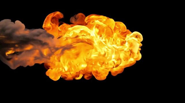 Horizontal Fireball Explosion Burst. Intense fire stream and explosion moving horizontally across the frame with thick orange flames and dark smoke clouds against a black backdrop.