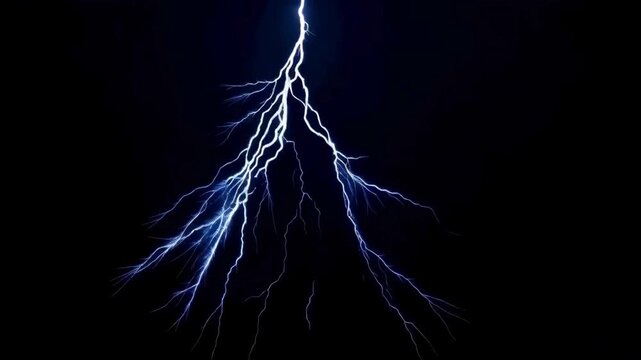 Powerful Blue Lightning Strike Branching. Multiple bolts of electric blue lightning branching out and flickering against a pitch-black night sky during a severe storm.