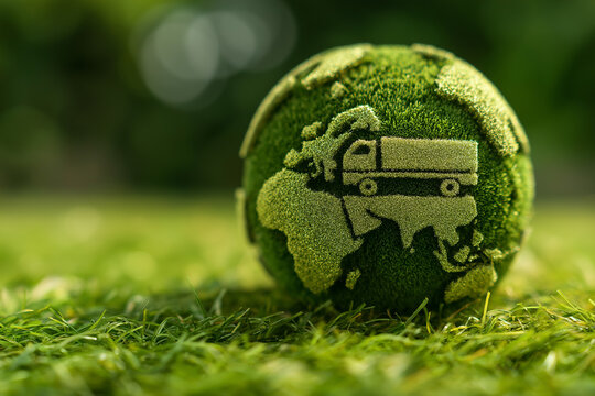 Green logistics and Sustainable global transport. Globe on grass with icon of green supply chain, clean energy, eco friendly, circular economy to sustainable environment. Net zero carbon emission 