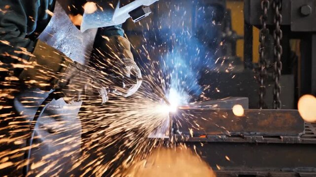 Welder in action sparks fly in a workshop environment