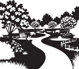 Obraz premium Park path silhouette vector illustration, trees, benches, fountain, outdoor scene line art