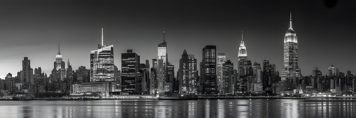 Fototapeta premium Black and White New York City Skyline Panorama with Manhattan Skyscrapers and Reflection on Hudson River