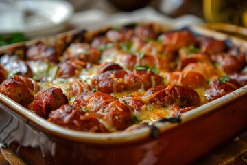Delicious sausage and cheese casserole baking in a ceramic dish, garnished with fresh parsley
