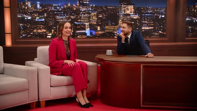 Montage of Late Night Show: Female Celebrity Guest Joins a Male Host for a Interview, Chatting, Jocking. Edited Long Format Closeups and Two shots. Mockup Broadcasting Playback, TV Screen Replacement.