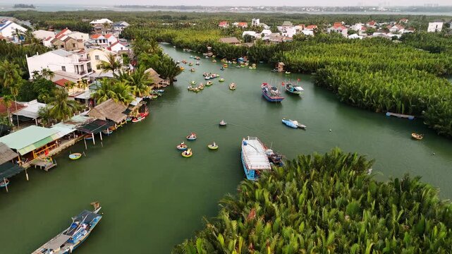 Aerial view of traditional round basket boats on a river through a coconut forest in hoi an, vietnam