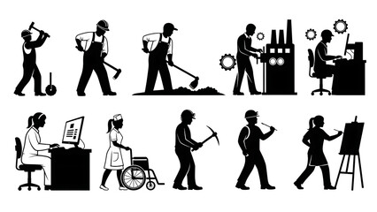 Obraz premium Silhouette of people working in various occupations isolated on transparent background