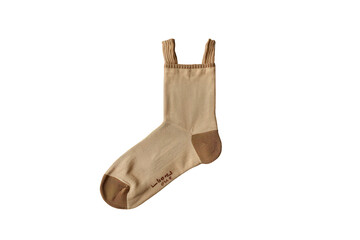 Single beige sock with brown heel and toe, ribbed cuff, displaying casual comfort hosiery fashion on transparent background