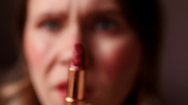 Close up of a young woman looking at a nude lipstick tube with a frustrated expression and applying it on her lips. Beauty routine, makeup application and cosmetic products concept