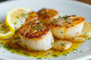 Seared scallops are served with a lemon butter sauce and garnished with fresh parsley