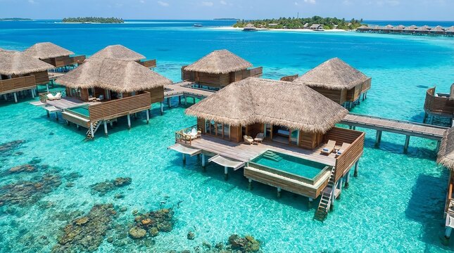 Luxurious overwater bungalows in a tropical island paradise with crystal clear waters