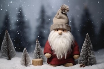 Fototapeta premium Christmas gnome with white beard and knitted hat standing in a snowy forest