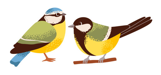 Tit birds perched on a branch. Cute European songbird wildlife concept for nature and spring designs. Flat vector illustration. © vik.stock