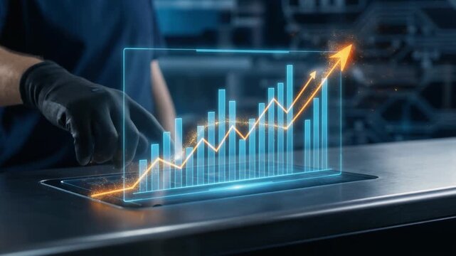 Futuristic business growth concept with holographic bar chart and upward arrow on smart device