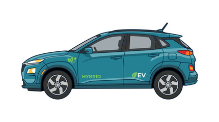 Fototapeta premium Teal hybrid electric SUV car, side view, isolated on white background