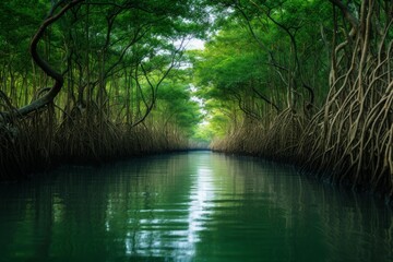 Fototapeta premium Lush mangrove trees and roots line a narrow waterway with vibrant green reflections