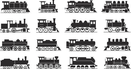 Black silhouette vector illustration of vintage steam locomotives in multiple designs symbolizing historical railway transportation retro train technology mechanical engineering artwork © Creative Mind