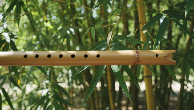 A natural bamboo suling flute with seven finger holes rests against a backdrop of lush green bamboo foliage, showcasing traditional craftsmanship and evoking serene melodies.