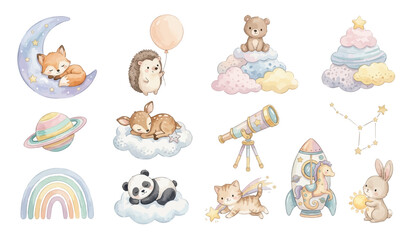 Watercolor nursery space clipart set with cute animals, clouds, rainbow, rocket and telescope. Collection of Vector illustrations. Perfect for invitation, card, poster, banner, decoration © maria