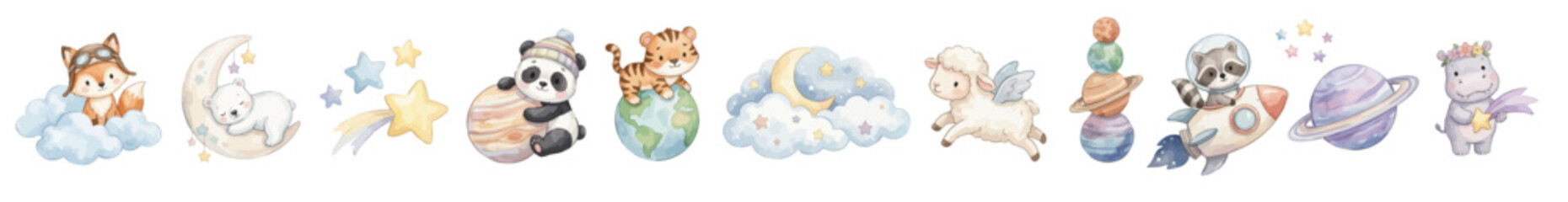 Cute watercolor galaxy set with panda, planet, raccoon astronaut rocket, fox pilot and owl star. Collection of Vector illustrations. Perfect for invitation, card, poster, banner, decoration © maria