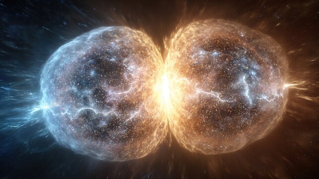 Microscopic view of deuterium and tritium atoms undergoing nuclear fusion, generating immense energy and light in a cosmic collision.