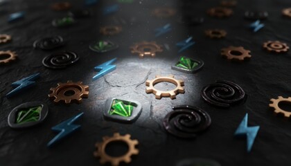 Naklejka premium Collection of shimmering metallic game resource icons including gears and gems with ethereal lighting