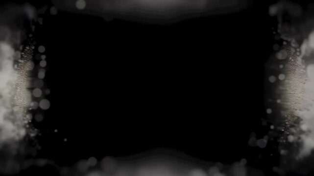 Elegant white bokeh particles frame with soft light on black background. Luxury blurred lights border for wedding, awards, and cinematic title overlays.