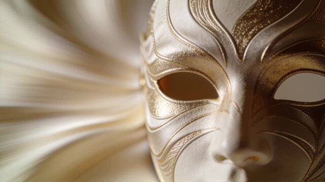 Tightening camera pulling Venetian mask into focus, revealing gold, pleated studio fan, copy space