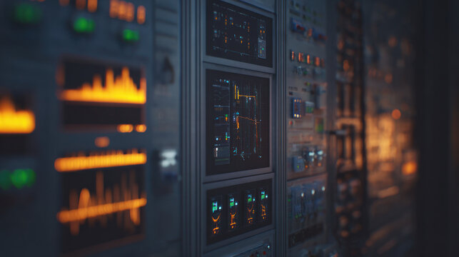 Close-up of audio control panel with colorful LED levels and switches