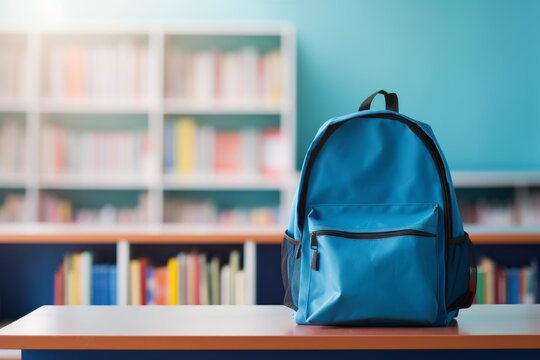 Blue backpack standing on a school desk, ready for learning and education