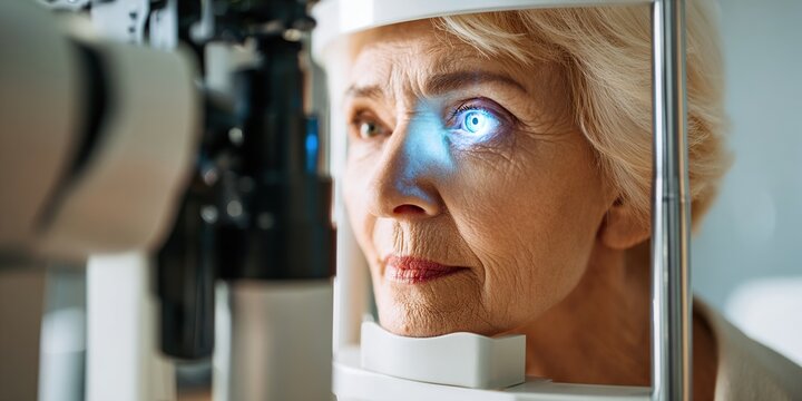 An elderly woman undergoes an eye examination using modern medical equipment. Background on vision screening, eye health, diagnostics, healthcare, senior wellness, and medicine