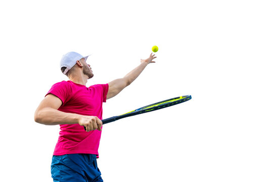Tennis player serving ball, preparing for overhead shot during match. PNG