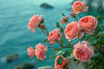 Peach colored roses blooming on a bush near a beautiful turquoise sea