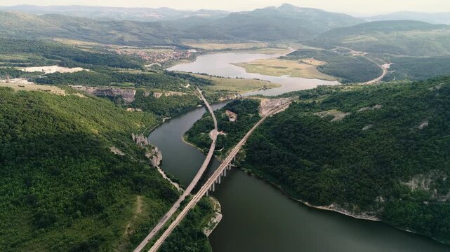 Wonderful Rocks or Chudnite Skali, near Asparuhovo village. Aerial view of a bridge and roads crossing the Tsonevo lake reservoir near Varna, Bulgaria