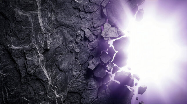 Bright light breaking through a dark stone wall. Conceptual image of the Resurrection, hope, and transformation. Theological shift from death to life with glowing purple light.