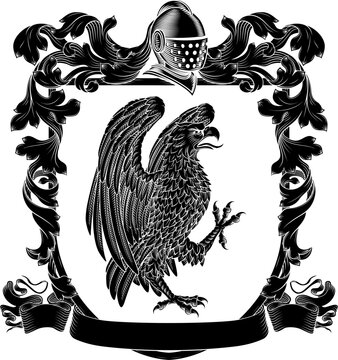 An eagle, hawk or falcon coat of arms or crest family heraldry medieval heraldic bird animal knight shield with helmet and acanthus filigree scroll ornament in a vintage woodcut style.