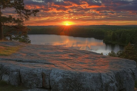 Sunset over a forest lake seen from a rocky cliff with pine trees, dramatic glowing clouds and a tranquil reflective mood