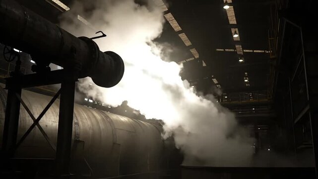 Industrial steam release in manufacturing facility with pipes and machinery
