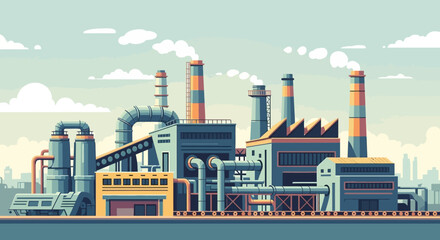 Obraz premium Industrial factory landscape with smokestacks and production facilities.