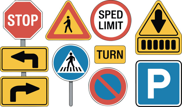 Set of international road signs and symbols including stop, speed limit, pedestrian crossing, and turn arrows.